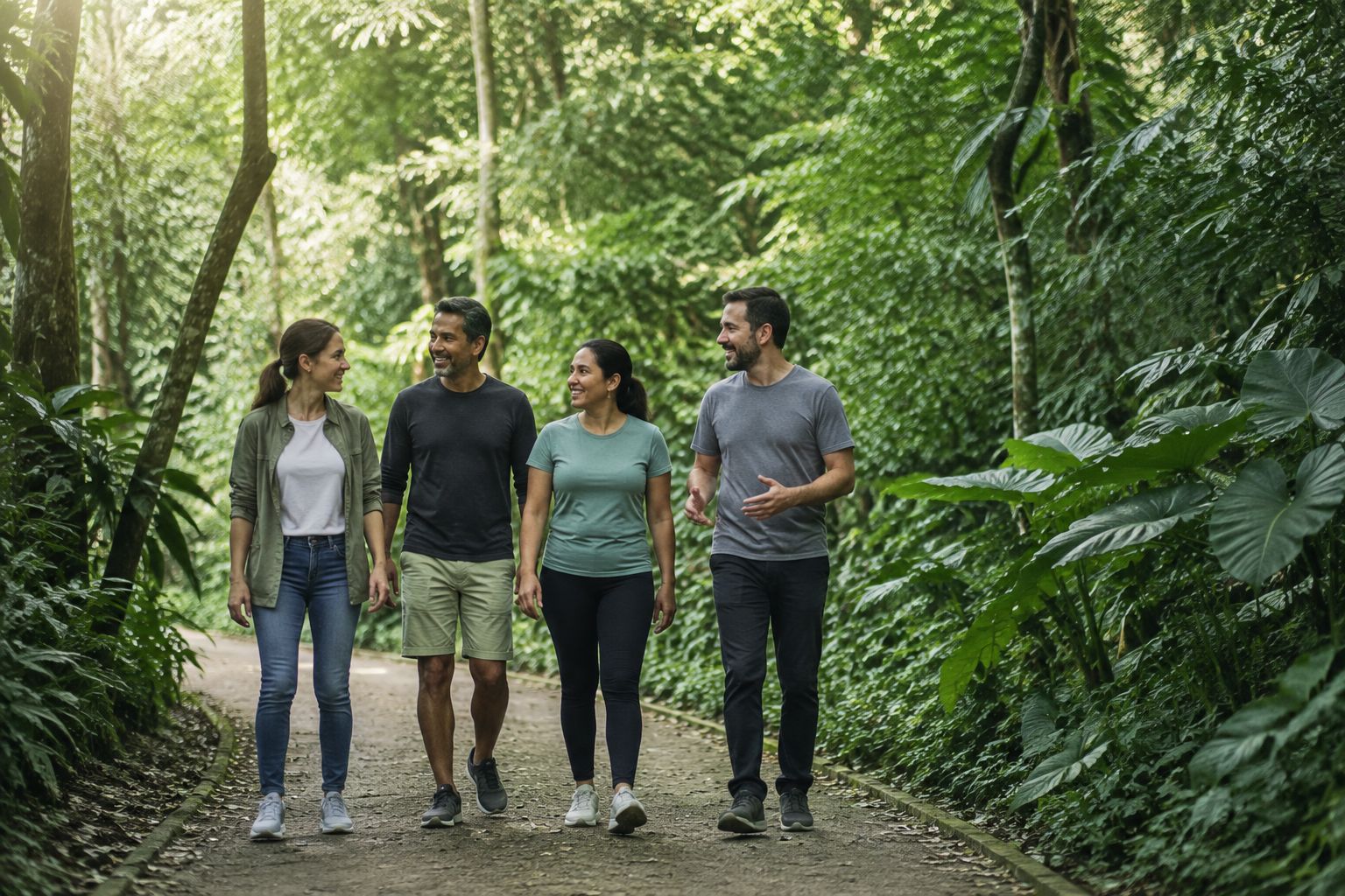 Escena ilustrativa generada con IA: cuatro compañeros caminan y conversan en un sendero verde.